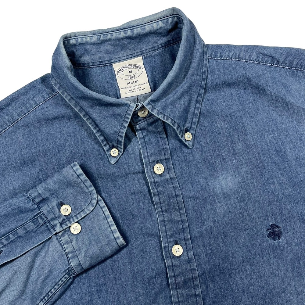 Brooks Brothers Denim Shirt Mens M Blue Regent Button Down Polo Logo *Flaw